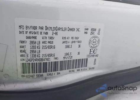 2006 Dodge Grand Caravan from USA, damaged, VIN 1D4GP24RX6B647021